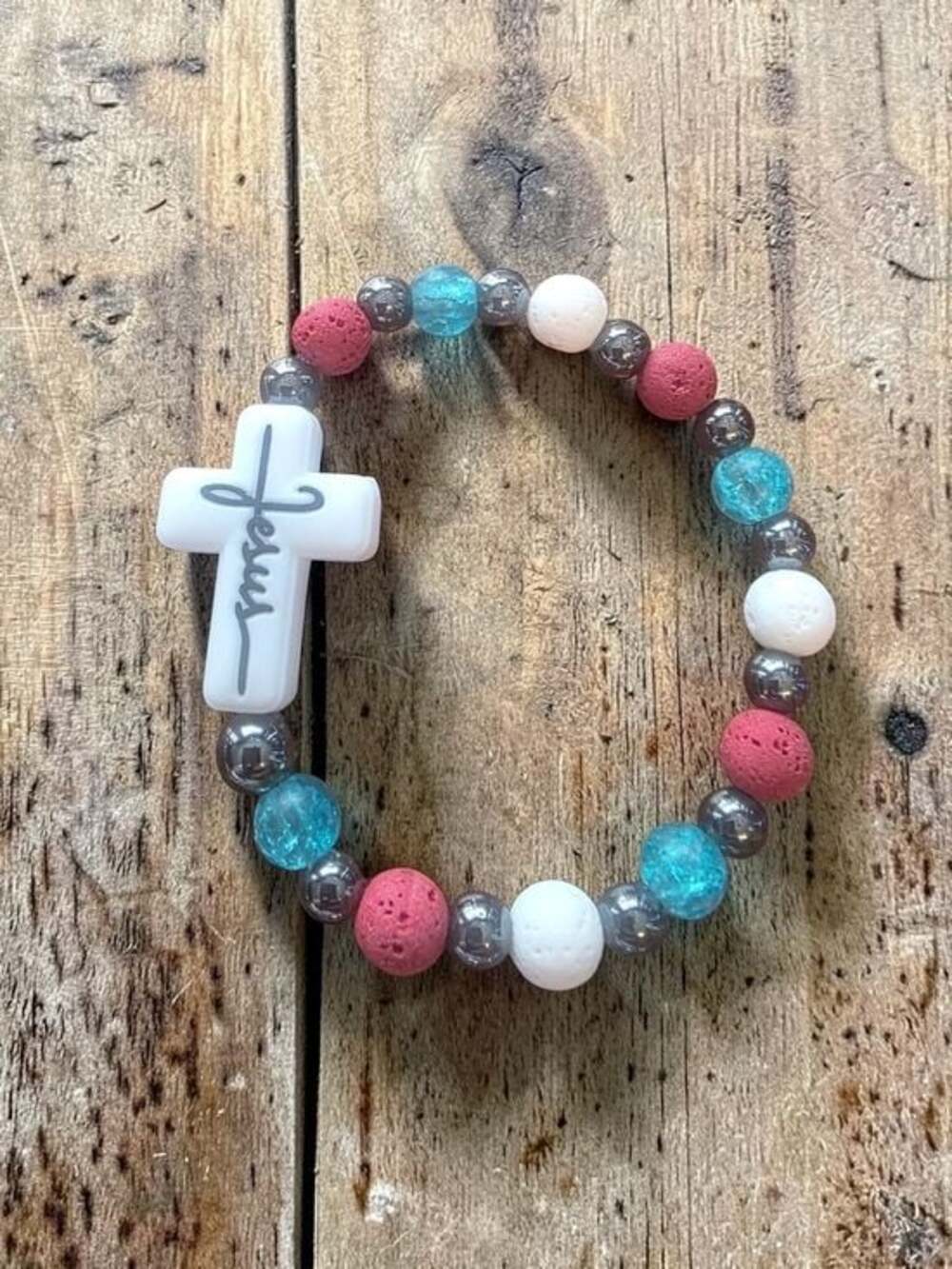 Styleandstone White Cross Red White Blue Lava Rock Bracelet